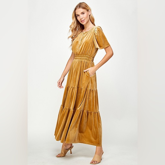 New Gold Velvet Maxi Dress Short Sleeve Formal V-Neck Holiday Gown - Picture 5 of 5